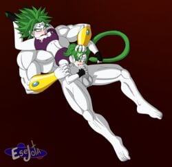 69 69_position bra_(dragon_ball) bra_briefs broly closed_eyes cosplay cum cum_in_mouth dragon_ball dragon_ball_multiverse enemy_conversion esejota gloves green_eyes green_hair joker_(cosplay) majin makeup no_eyewear oral oral_sex son_bra tail white_body