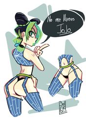 1609bell 1girls ass ass_focus bell1609 big_butt black_hair butt_focus green_eyes green_hair jojo's_bizarre_adventure jolyne_kujo solo spanish_text stone_ocean two_tone_hair