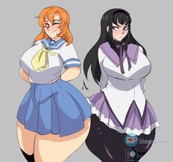 07th_expansion 2girls akemi_homura alternate_breast_size big_breasts black_tights bluueygooey crossover female female_focus female_only higurashi_no_naku_koro_ni huge_breasts mahou_shoujo_madoka_magica multiple_girls ryuuguu_rena school_uniform skirt thick_thighs thighs tights