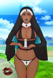 1boy becsantus brown_eyes bulge candle crossdressing dark-skinned_femboy dark-skinned_male dark_skin femboy girly lipstick long_hair looking_at_viewer male_nun nun nun_outfit outdoors outside panties sammy_(becsantus) teal_hair teal_lipstick trap