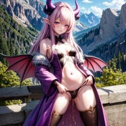 1girls absurdres ai_generated bangs bare_shoulders black_panties blush breasts day dragon_girl female highres horns jewelry long_hair looking_at_viewer mountain navel niraniri open_clothes outdoors panties peeing peeing_through_panties pink_hair pointy_ears purple_eyes sky small_breasts solo standing standing_pee stomach thighhighs underwear urinating urinating_female urination urine urine_stream watermark wings