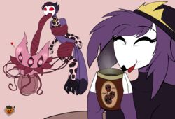 1boy 1girls absurd_res anthro avian beverage bird blush bondage coffee demon duo eyes_closed father_and_daughter female forced grishnax helluva_boss hi_res male octavia_(helluva_boss) owl owl_demon plant smile stolas_(helluva_boss) tentacles vivienne_medrano