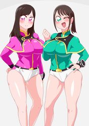 2021 2girls aged_up big_legs breasts brown_hair green_eyes green_shirt highres logo looking_at_viewer mashin_sentai_kiramager multiple_girls ooharu_sayo otokam1117 panties pink_eyes pink_shirt red_cheeks sayo_ooharu sena_hayami super_sentai tokusatsu watch white_body wink