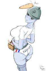 absurd_res anthro baguette blue_skin crop_top embarrassed french helmet looking_at_viewer panties salty_french_boi thighhighs