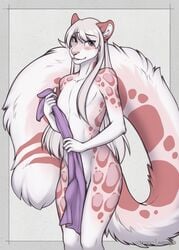 accelo accelo_(character) big_tail blue_eyes blush bulge felid fur hair heterochromia hi_res long_hair male mammal nude pantherine pink_body pink_eyes pink_fur simple_background snow_leopard towel white_background white_hair