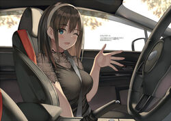 between_breasts blue_eyes brown_hair clothed headband inside_vehicle kureha_(ironika) one_eye_closed original seatbelt solo tsubasa_(kureha)