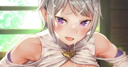 1boy bare_shoulders blush bright_pupils dripping_semen elf facial female female fortuna_(re:zero) furrowed_eyebrows looking_at_viewer male open_mouth pointed_ears purple_eyes re:zero_kara_hajimeru_isekai_seikatsu semen semen_on_body semen_on_hair semen_on_upper_body short_hair sidelocks straight sweat tomaco