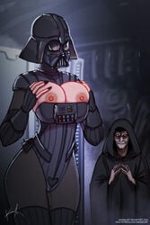 1girls 2d anakin_skywalker areolae background being_watched big_breasts bimbo bimbofication black_clothing black_nails bodysuit breast_grab breasts breasts_out busty cleavage coruscant curvy cybernetics cyborg dark_nails darth_vader deviantart emperor_palpatine eyes fake_breasts female female_focus fingerless_gloves fingernails gender_transformation genderswap genderswap_(mtf) gloves grand_medical_facility grin groping hand_on_breast hands_on_breasts hands_together happy headgear heart helmet holding_breast hood implants indoors kannelart large_breasts light-skinned_female light-skinned_male light_skin looking_at_another male nail_polish nipples old_man open_eyes pale-skinned_male pale_skin pantyhose patreon revenge_of_the_sith robe rule_63 signature sith smile standing star_wars surgery teeth url voluptuous yellow_eyes