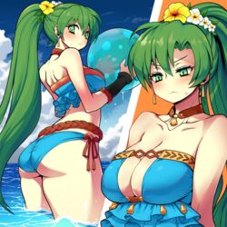 1girls :< alternate_costume ass bangs big_ass bikini blue_bikini blue_swimsuit blush breasts brown_choker choker cleavage cleavage_cutout clothing_cutout cloud collarbone earrings female fire_emblem fire_emblem:_the_blazing_blade fire_emblem_heroes flower green_eyes green_hair hair_behind_ear hair_flower hair_ornament highres jewelry kara_age large_breasts long_hair lyn_(fire_emblem) lyn_(summer)_(fire_emblem) lyndis_(fire_emblem) multiple_views nintendo ocean ponytail sky solo swimsuit v-shaped_eyebrows very_long_hair white_flower yellow_flower