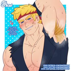 1boy agent_jones armpit_fetish armpit_hair armpits blonde_hair blue_eyes blush fortnite fortnite:_battle_royale headband male male_only muscular muscular_male randrewcv speech_bubble sweat sweatdrop tagme text video_games