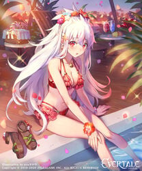 1girls antares_(evertale) azutarou basket bikini blush breasts evertale flower footwear_removed hair_flower hair_ornament highres long_hair looking_at_viewer medium_breasts official_art original pool red_eyes sandals silver_hair sitting swimsuit very_long_hair