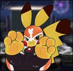 3_toes absurd_res anthro cameltoe clothed clothing cosplay_pikachu cosplay_pikachu_(costume) electricsnowfox feet female foot_fetish foot_focus hi_res looking_at_viewer nintendo paws pikachu pikachu_libre pokémon_(species) pokemon puffy_pussy soles solo toeless_legwear toes video_games