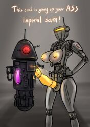 absurd_res berrythelothcat big_penis breasts dialogue droid duo english_text erection genitals gynomorph hands_on_hips hi_res humanoid intersex machine male new_republic_security_droid nipples nude penis robot robot_humanoid star_wars talking_to_viewer text the_mandalorian yellow_nipples yellow_penis