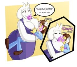 1girls aged_up big_breasts big_lips bimbo_lips blue_sweater breast_feeding breast_squeeze closed_eyes frisk goat_mom goatmom huge_breasts implied_incest jamearts kiss_mark kissing lactation large_breasts lips lipstick milf saliva speech_bubble toriel undertale yellow_skin