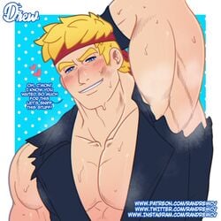 1boy 1male agent_jones armpit_fetish armpits blonde_hair blue_eyes blush fortnite fortnite:_battle_royale gay headband male_focus male_only muscles muscular muscular_armpits muscular_male randrewcv smiling speech_bubble sweat sweatdrop tagme text video_games