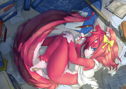 1girls above_view animal_ears anthro blue_eyes blueprint book bottomless bow breasts breasts_out detailed_background ear_tuft female female_only fetal_position functionally_nude fur furry hair_ribbon hairbow hand_on_knee looking_at_another open_clothes open_shirt paper pawpads pen playing_with_hair red_fur ribbon ruler short_hair sideboob solo tail thighs twirling_hair waha_(artist)