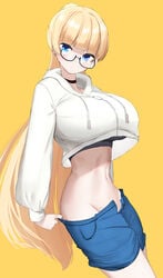 1girls big_breasts black_collar collar glasses light-skinned_female light_skin lina_bell_roll_(michihasu) looking_at_viewer nicorima removing_shorts shorts simple_background solo solo_female sweater tagme yellow_background