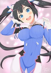 1girls black_hair blue_eyes breasts cosplay d.va_(cosplay) dungeon_ni_deai_wo_motomeru_no_wa_machigatteiru_darou_ka female female_focus hestia_(danmachi) long_hair overwatch solo tagme twintails video_games