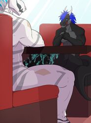 absurd_res anthro bodily_fluids cum cum_on_feet dragon duo foot_fetish foot_play footjob genital_fluids hi_res male male/male sex sitting stealth_sex under_the_table unusual_cum zeltha