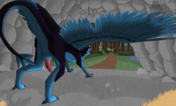 absurd_res am artist balls blue_body detailed_background dragon feathered_wings feathers feral genitals grass hi_res male open_mouth penis plant shadeyzilla solo wings