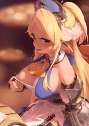 :d arm_guards armor ayase_yukari bangs blonde_hair blurry blurry_background blush breasts clothes_tug cross dress earrings female half_updo hat highres jewelry long_hair looking_at_viewer nipples nitro_(mugityaoisii) open_mouth pointy_ears princess_connect! princess_connect!_re:dive purple_eyes shirt sitting smile solo yukari_(princess_connect!)