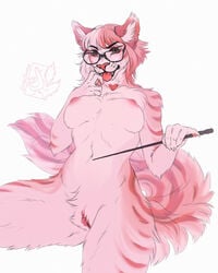 anthro breasts eyewear felid feline female fur genitals glasses hair hi_res lostgoose low-angle_view mammal nude pink_body pink_fur pink_hair pointer pussy solo teacher