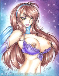 1girls artist_name blue_scarf blush bra bra_down breasts breasts_out brown_hair eyeshadow female female_focus female_only green_eyes large_breasts long_gloves long_hair looking_at_viewer navel nipple_piercing nipples pink_lipstick pinup posing purple_bra purple_eyeshadow scarf smile solo solo_female yuureikun