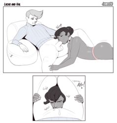 2boys black_hair collar cum cum_in_mouth dark-skinned_femboy dark-skinned_male dark_skin deepthroat dreadlocks earrings fellatio femboy fruit_basket_(jamesab) girly hal_jones_(jamesab) hand_on_leg interracial jamesab light-skinned_male light_skin looking_at_viewer looking_up lucas_murphy_(jamesab) male_pov oral panties pov sweater trap yaoi