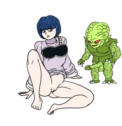 1boy 1girls blue_hair bob_cut dragon_ball dragon_ball_super dragon_ball_z female imminent_sex nion_(dragon_ball) no_eyewear otaconxix penis pussy saibaiman sitting smiling straight white_background