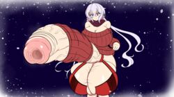 1futa ball_bra balls bottomless breasts clothed clothing cock_sleeve cock_sleeve_(clothes) elf futa_only futanari gaping_urethra huge_cock hyper hyper_balls hyper_penis light_skin pale_skin partially_clothed penis presenting_penis presenting_urethra senki_zesshou_symphogear shirt_lift snow solo standing sweater tony_takara white_hair wide_hips winter yukine_chris