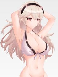 1girls :( alternate_costume armpits arms_behind_head arms_up bare_midriff big_breasts bikini bikini_skirt bottomless cleavage corrin_(fire_emblem) corrin_(fire_emblem)_(female) corrin_(summer)_(fire_emblem)_(female) edit egatyan1410 female female_protagonist fire_emblem fire_emblem_fates fire_emblem_heroes large_breasts long_hair looking_at_viewer midriff nintendo no_panties photoshop red_eyes simple_background solo solo_female swimsuit white_background white_bikini white_swimsuit