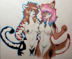 abs age_difference anthro black_nipples black_nose black_pussy blue_eyes breast_squish breasts breasts_frottage brown_eyes brown_hair canid canine duo ear_piercing emily_moegelvang felid female female/female fox fur genitals gwenyth_roseel hair hand_on_arm hand_on_shoulder heterochromia imnotanalligator looking_at_viewer mammal muscular muscular_female nipple_piercing nipples outline pantherine piercing pink_hair pink_nipples pink_pussy pussy small_breasts small_waist squish stripes teenager tiger white_body white_fur wide_thighs yellow_eyes young yuri