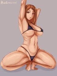 1girls :o arm_behind_head arm_up armpit ass_visible_through_thighs belly bikini bikini_bottom bikini_top black_bikini breasts brown_eyes brown_hair female female_focus female_only gray_background large_breasts my_hero_academia navel nipple_bulge ochako_uraraka one_arm_up open_mouth phantomicious ribs simple_background solo solo_female solo_focus squatting stomach string_bikini tan tan_body tan_skin tanned tanned_skin thighs underboob