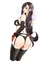 black_hair black_lingerie black_stockings blush bra commentary_request female final_fantasy final_fantasy_vii highres itachou lace lace-trimmed_thighhighs lingerie long_hair looking_at_viewer looking_back panties red_gloves simple_background solo standing steam stockings swept_bangs thighhighs thong tifa_lockhart underwear