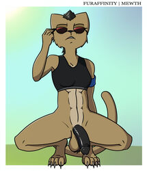 abs anthro armband athletic athletic_intersex balls big_balls big_penis black_penis bodily_fluids bottomless bra brown_body brown_fur claws clothed clothing crouching eyewear felid feline fur genital_fluids genitals gynomorph hi_res humanoid_genitalia humanoid_penis intersex mammal mewth mohawk muscular navel pantsless penis precum pubes solo sports_bra sunglasses teeth underwear