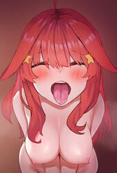 1girls ahoge amog areolae begging begging_for_more begging_pose big_breasts blunt_bangs blush breasts cleavage closed_eyes erect_nipples eyebrows_visible_through_hair female female_focus female_only go-toubun_no_hanayome hair_ornament horny kneeling large_breasts light-skinned_female light_skin long_hair nakano_itsuki naked nipples nude open_mouth paipan pov red_hair sidelocks star_hair_ornament steam steaming_body tongue tongue_out waiting wide_hips