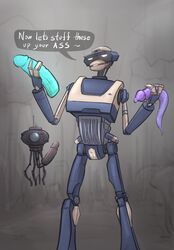 2021 ambiguous_gender berrythelothcat blue_dildo clone_wars dialogue dildo domination droid duo english_text female female_domination genitals hi_res holding_dildo holding_object holding_sex_toy humanoid looking_at_viewer machine not_furry probe probe_droid pussy robot robot_humanoid sex_toy standing star_wars tactical_droid talking_to_viewer text