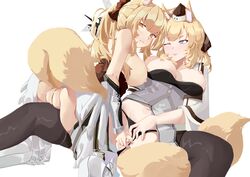 2020 animal_humanoid arknights ass blemishine_(arknights) blonde_hair blue_eyes breasts clothing duo female female/female finger_fuck fingering fluffy fluffy_tail fur genitals grinding hair headgear hi_res humanoid humanoid_on_humanoid hypergryph incest inner_ear_fluff legwear looking_at_viewer mammal mammal_humanoid navel nipples one_eye_closed pussy simple_background studio_montagne tassadar thigh_highs tuft vaginal_penetration video_games whislash_(arknights) white_background white_body white_fur yellow_eyes yuri