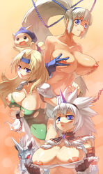 areola blonde_hair blue_eyes blush breast_hold breast_lift breasts capcom celes_chere chains chample choker color crossover female female_only final_fantasy final_fantasy_vi hairband headband highres horn horns huge_breasts kanryuusai_sensei kirin_(armor) kirin_(monster_hunter) long_hair majikina_mina monster_hunter multiple_girls nipples ponytail samurai_shodown shoulder_pads snk takeda_kanryuusai tied_hair torn_clothes very_long_hair white_hair