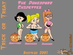 2001 alvin_and_the_chipmunks anthro beerman blossom_(powerpuff_girls) blossom_(powerpuff_girls)_(cosplay) breasts brittany_miller bubbles_(powerpuff_girls) bubbles_(powerpuff_girls)_(cosplay) buttercup_(powerpuff_girls) buttercup_(powerpuff_girls)_(cosplay) cartoon_network chipettes chipmunk clothed cosplay eleanor_miller english_text female female_only flat_colors halloween jack-o'-lantern jeanette_miller powerpuff_girls pumpkin pussy solo standing straight_hair text toony