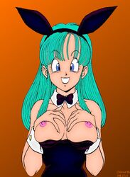 1girls animal_ears areola blue_eyes bowtie breast_grab breasts bulma_(bunny) bulma_briefs bunny_costume bunny_ear bunny_ears bunny_girl bunny_outfit bunnysuit detached_collar dragon_ball erect_nipples female female_only green_hair human long_hair nipples nude smile solo straight_hair teenager voluptuous wrist_cuffs