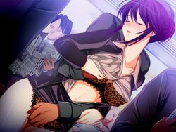 ass bra breast_grab chikan chikan_senyou_sharyou frill game_cg groping hand_in_clothes hand_in_shirt hand_under_clothes hand_under_shirt kirishima_tsubaki koizumi_amane leopard_print leopard_print_bra leopard_print_panties lingerie moaning molestation newspaper panties purple_hair shirt_lift skirt skirt_lift standing train train_interior underwear