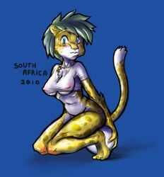 anthro breasts female female_only full_body furry furry_only kneeling mascot nipple_bulge rule_63 shirt side_view solo zakumi