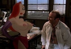 1boy 1girls adamantp animated bouncing_breasts breast_slip breasts_out breasts_outside curvaceous disney eddie_valiant jessica_rabbit long_hair nipples red_hair screencap wardrobe_malfunction who_framed_roger_rabbit