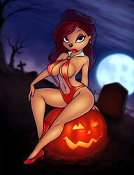 1girls anthro beret beret_girl bikini breasts canine cosplay disney dog ear_piercing eyelashes eyeshadow female female_only full_moon furry goof_troop graveyard halloween hat high_heels holidays jack-o'-lantern large_breasts lipstick makeup moon nail_polish navel night nipple_bulge nitro outdoors posing pumpkin red_lipstick red_nails sideboob sitting skimpy sling_bikini solo straight_hair thick_lips vampirella_(cosplay)