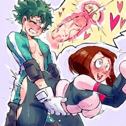 1boy 1girls against_wall ahe_gao artist_request big_breasts big_penis blush bouncing_breasts brown_hair clenched_teeth clothed_sex female from_behind green_hair heart heart-shaped_pupils heart_eyes interior_view izuku_midoriya looking_pleasured male my_hero_academia nipples_visible_through_clothing ochako_uraraka one_eye_closed pleasured sex smile straight sweat thick_thighs torn_clothes trying_not_to_cum white_skin x-ray