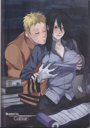 1boy 1girls amputee arm_grab big_breasts black_hair blush boruto:_naruto_next_generations breast_grab breast_squeeze cleavage closed_eyes clothing curvy_figure embarrassed female genderswap_(mtf) groping groping_from_behind heterochromia lipstick makeup male missing_arm naruto naruto_(series) nipples puffy_nipples rinnegan rule_63 sasuke_uchiha sasuko sexy_no_jutsu sitting sitting_on_lap sitting_on_person sweat sweatdrop uzumaki_naruto wholesome yellow_hair