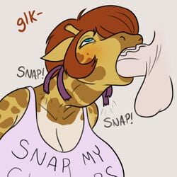 anthro balls big_breasts blue_eyes blush breasts choker clothing dab_(hirurux) deep_throat english_text eye_roll female genitals giraffe giraffid hi_res hirurux jewelry mammal meme neck_bulge necklace oral penis shirt solo tank_top text text_on_clothing text_on_shirt text_on_tank_top text_on_topwear topwear until_it_snaps