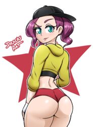 1girls 2021 ass cap dancer_(pokemon) dancer_(pokemon_ss) dracksart female female_only looking_at_viewer looking_back nintendo npc_trainer pokemon pokemon_ss purple_hair shorts