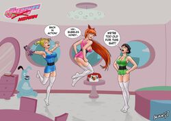 3girls aged_up artist_name ass bedroom black_hair blonde_hair blossom_(powerpuff_girls) bow breasts bubble_butt bubbles_(powerpuff_girls) busty buttercup_(powerpuff_girls) cartoon_network cleavage clothing dialogue english_text hair hairbow hips legs light-skinned_female light_skin long_hair multiple_girls orange_hair panties powerpuff_girls red_hair seventy7 short_hair sisters speech_bubble text thigh_highs thighhighs thighs